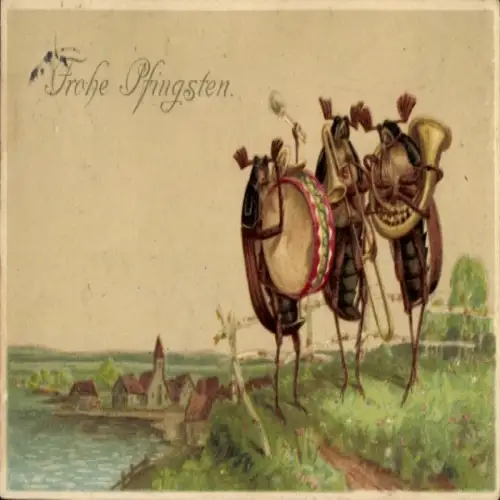 Litho Glückwunsch Pfingsten, musizierende Maikäfer
