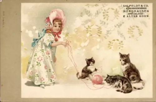 Ak Mädchen spielt mit Katzen und Wollknäuel
