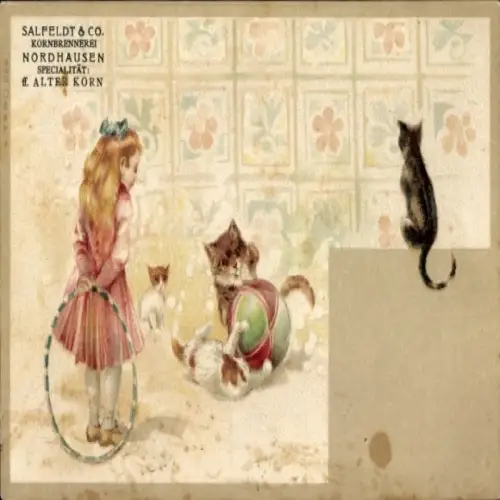 Litho Mädchen, Katzen, Brennerei Salfeldt & Co.