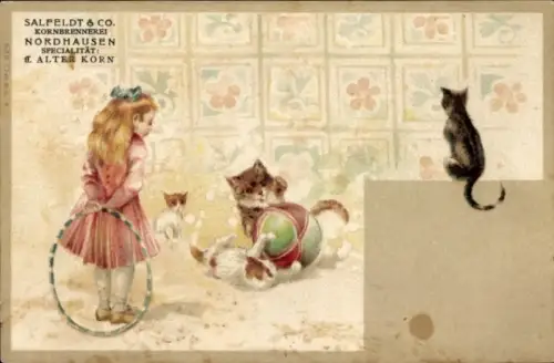 Litho Mädchen, Katzen, Brennerei Salfeldt & Co.