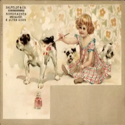 Litho Mädchen, Hunde, Brennerei Salfeldt & Co.