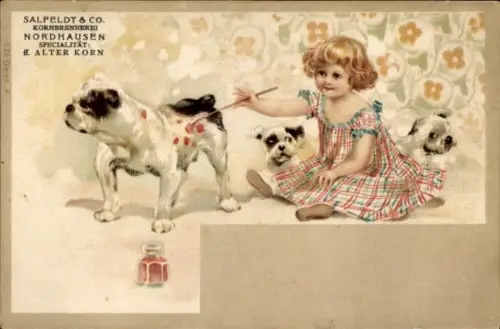 Litho Mädchen, Hunde, Brennerei Salfeldt & Co.