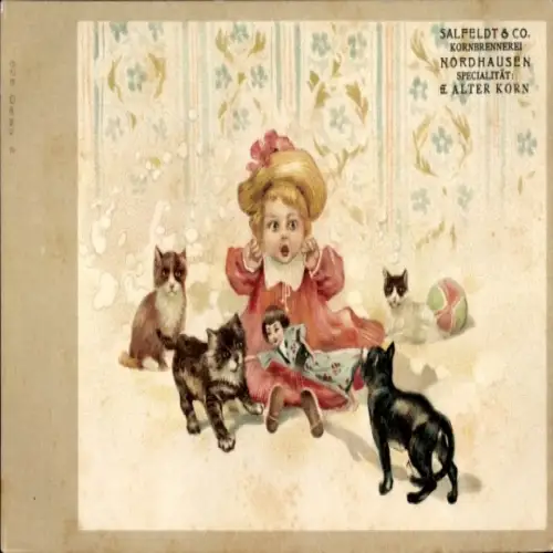 Litho Mädchen, Katzen, Brennerei Salfeldt & Co., Reklame
