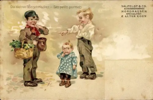 Litho Die kleinen Feinschmecker, Kinder, Brennerei Salfeldt & Co., Reklame