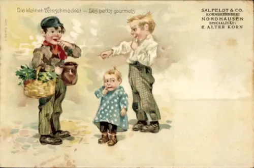 Litho Die kleinen Feinschmecker, Kinder, Brennerei Salfeldt & Co., Reklame