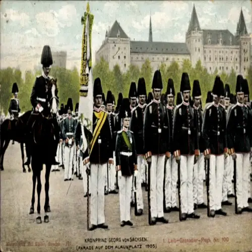 Ak Kronprinz Georg von Sachsen, Alaunplatz 1905, Parade 1. Leib Grenadier Regiment Nr. 100