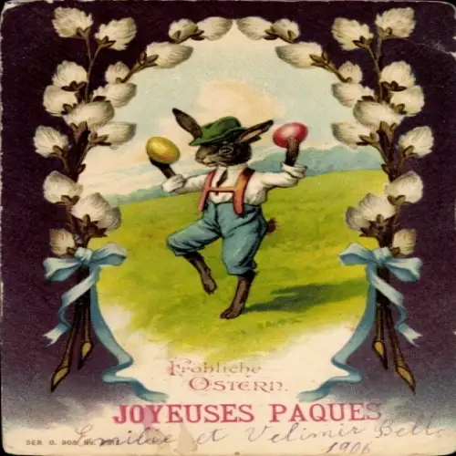 Litho Glückwunsch Ostern, Vermenschlichter Hase, Weidenkätzchen
