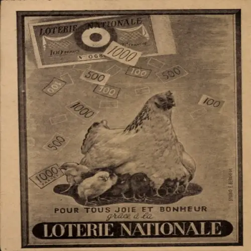 Ak Pour tous joie et Bonheur, Loterie Nationale, Hühner-Familie, Geldscheine