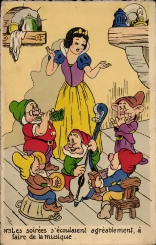 Ak Disney, Schneewittchen und die sieben Zwerge, Musizierende Zwerge