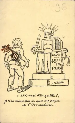 Künstler Ak Statue mit Schwert, Thron, Mann mit Laute