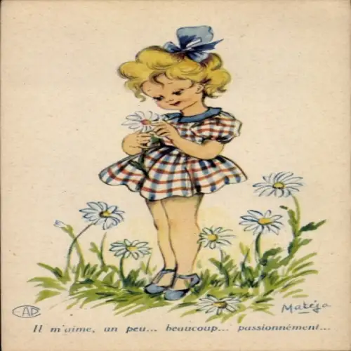 Künstler Ak Mateja, Mädchen auf Blumenwiese, Margeriten