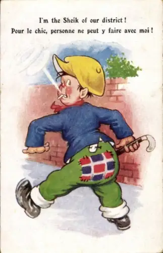 Ak Rauchender Junge, Zigarette, Gehstock, Mütze