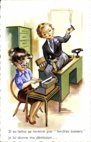 Ak Kinder im Büro, Büroarbeit, Schreibmaschine, Rauchender Junge