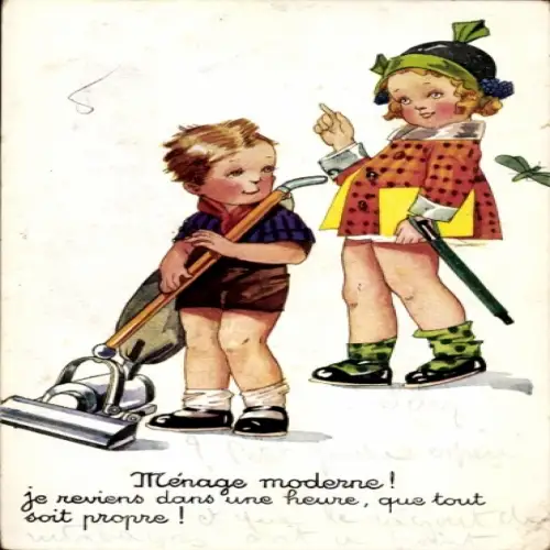 Künstler Ak Ménage moderne, Staubsauger, Kinder, Aspirateur