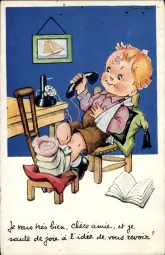 Künstler Ak Gougeon, Junge mit verletztem Beim, Telefon, Bild, Buch