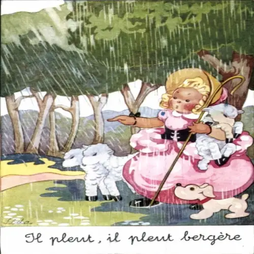 Künstler Ak Mädchen, Hirtin, Schafe, Hund, Regenwetter