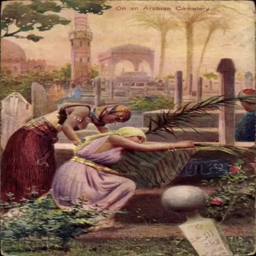 Künstler Ak Ägypten, On an Arabian Cemetery, Arabische Frauen, Friedhof