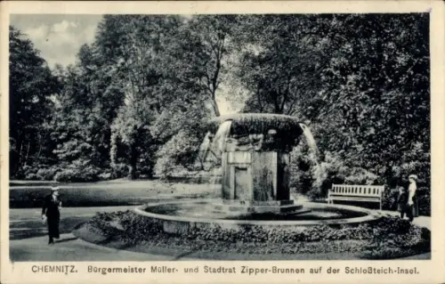 Ak Chemnitz in Sachsen, Brunnen, Schloßteich-Insel, Bürgermeister Müller, Stadtrat Zipper
