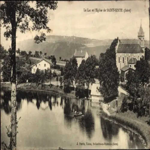 Ak Saint Sixte Isère, Kirche am See