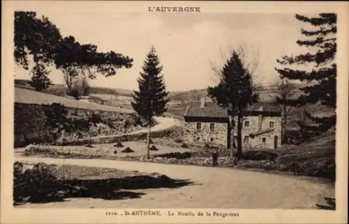 Ak La Celle Auvergne Puy de Dôme, Schwarze und weiße Fotografie, Landschaft, Mühle, Bäume, Straße