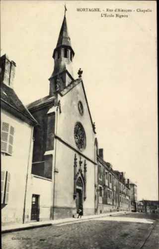 Ak Mortagne au Perche Orne, Kapelle, Rue d'Alençon, L'École Bignon, Cliché Bir