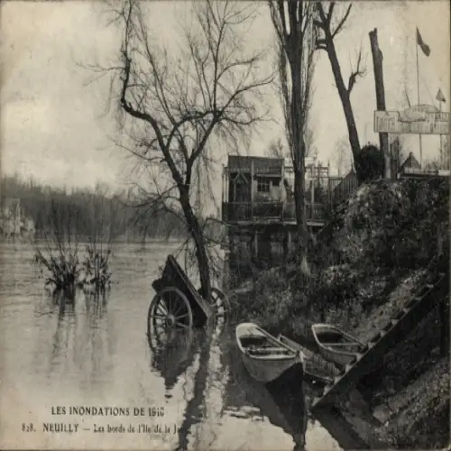 Ak Neuilly sur Seine, Saint James, Historische Flusslandschaft 1910, Boote, Baum, Gebäude am Wass