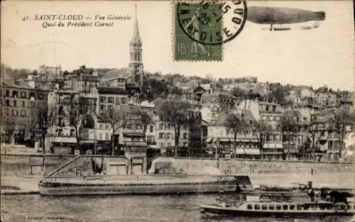CPA Saint-Cloud Hauts-de-Seine, vue générale, Quai du Président Carnot, Zeppelin
