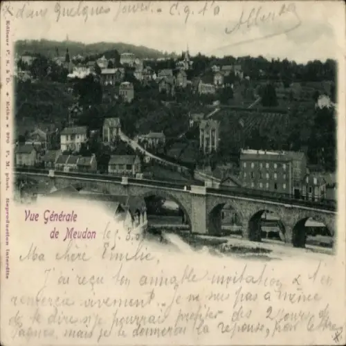 Ak Meudon Hauts de Seine, Brücke, hügelige Landschaft, zahlreiche Häuser, Vue Générale de Meudon