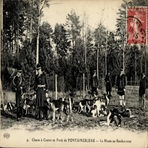 Ak Fontainebleau Seine et Marne, Jagd mit Hunden, Soldaten, Waldlandschaft, Rendezvous