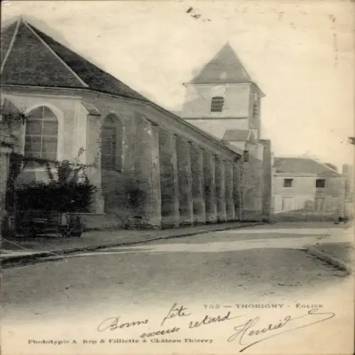 Ak Thorigny sur Marne Seine et Marne, Eglise, Straße, Häuser,  , schwarz-weiß, Fotografie