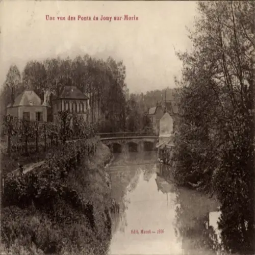 Ak Jouy sur Morin Seine et Marne, Brücke über den Fluss Morin, Häuser am Ufer, ländliche Landscha