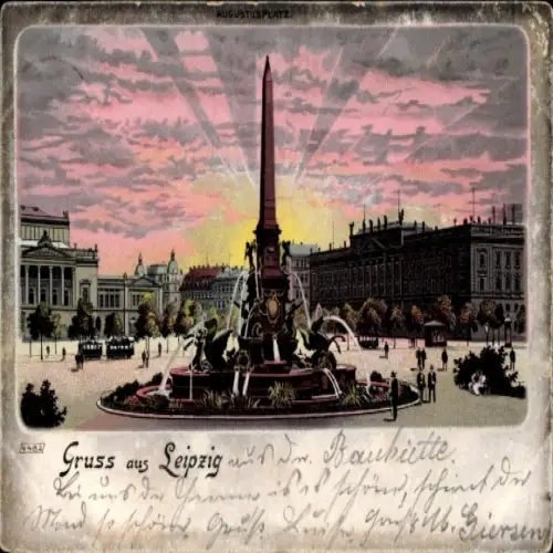 Ak Leipzig, Augustusplatz, Monument, farbenfroher Himmel,  Architektur