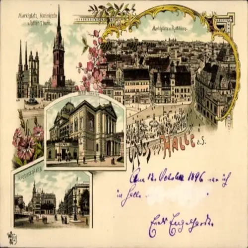 Litho Halle an der Saale, Marktplatz, Marienkirche, Rathaus, Theater, Riebeckplatz
