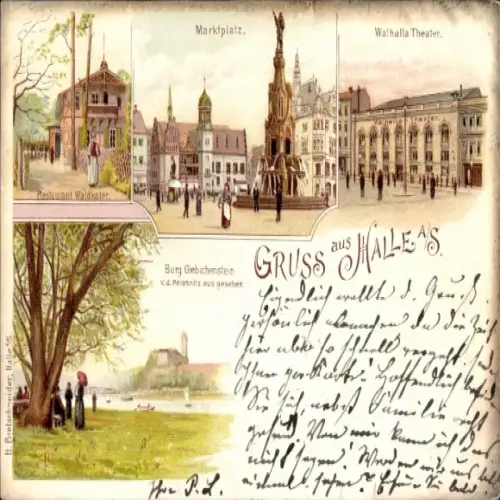 Litho Halle an der Saale, Marktplatz, Walhalla-Theater, Restaurant Waldkater