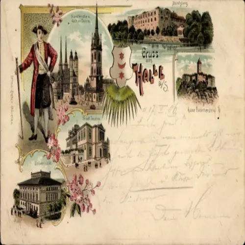 Litho Halle an der Saale, Marktkirche Roter Turm, Moritzburg, Giebichenstein, Universität, Theater