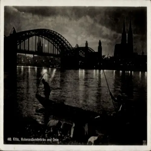 Ak Köln am Rhein, Hohenzollernbrücke, Dom, Fluss, Nachtaufnahme, Angler