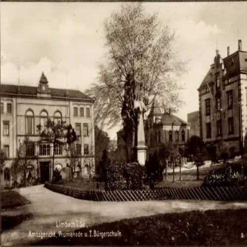 Ak Limbach Oberfrohna in Sachsen, Amtsgericht, Promenade, I.Bürgerschule, Statue