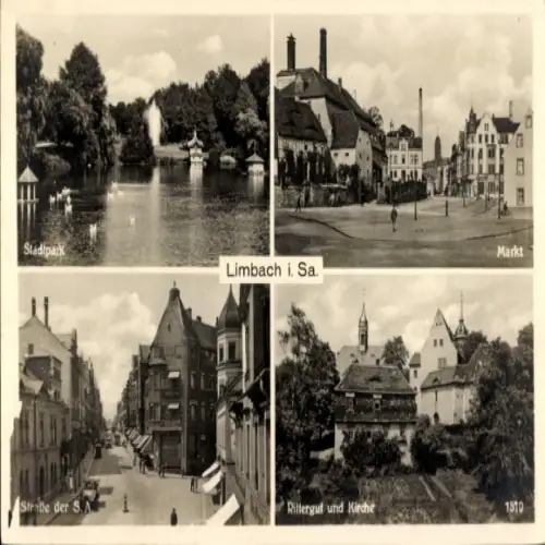 Ak Limbach Oberfrohna in Sachsen, Stadtpark, Markt, Straße der S. A, Riffergut und Kirche