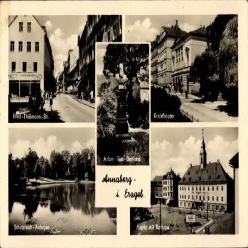 Ak Annaberg Buchholz im Erzgebirge, Ernst-Thälmann-Str., Schutzteich-Anlagen, Adam-Ries Denkmal, 