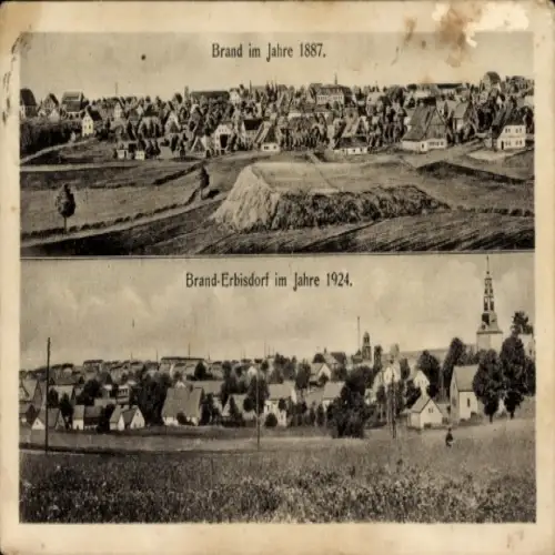 Ak Brand Erbisdorf Sachsen, Panorama, Brand im Jahre 1887, Ort im Jahre 1924