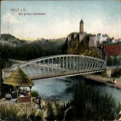 Ak Giebichenstein Halle an der Saale, Blick auf Ruine Giebichenstein, Brücke, Fluss, Natur