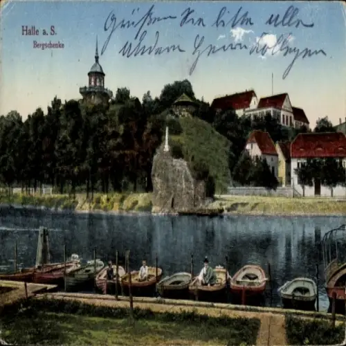 Ak Halle an der Saale, Bergschenke, Boote am Ufer