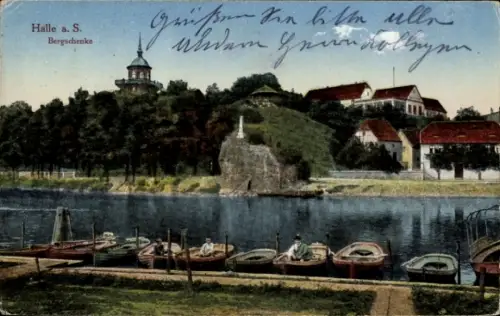 Ak Halle an der Saale, Bergschenke, Boote am Ufer