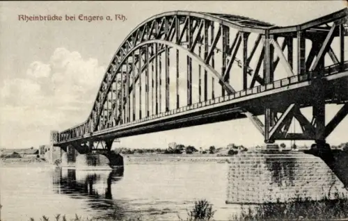 Ak Engers Neuwied am Rhein, Rheinbrücke, Stahlkonstruktion, Fluss, Wolken, ruhige Landschaft