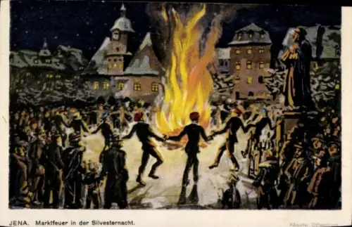 Ak Jena in Thüringen, Marktfeuer, Silvesternacht,  Menschenmenge, Feuersbrunst