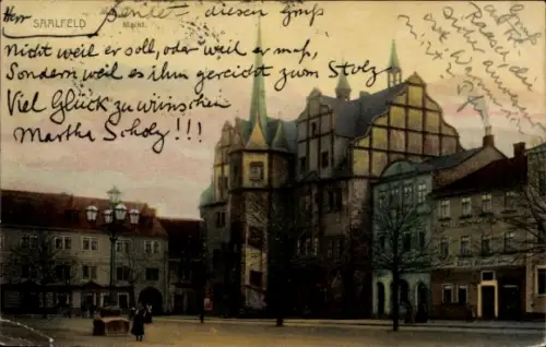 Ak Saalfeld an der Saale Thüringen, Historische Architektur, Glückwünsche von Martha Scholy