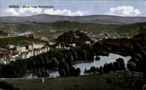 Ak Greiz im Vogtland Thüringen, Panoramaansicht von  Blick vom Hirschstein, Flusslauf, Gebäude