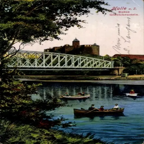 Ak Giebichenstein Halle an der Saale, Ruine Giebichenstein, Flusslandschaft, Boote, Brücke