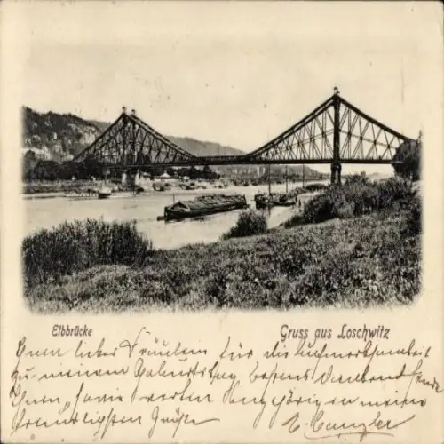 Ak Dresden Loschwitz, Elbbrücke, Gruss aus  Flusslandschaft, Schiffe