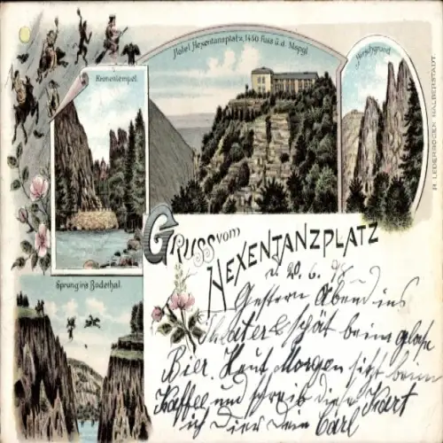 Litho Thale im Harz, Hexentanzplatz, Kronentempel, Hotel, Sprung ins Bodethal